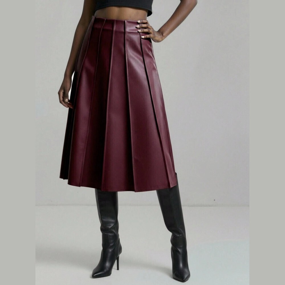 Burgundy Faux Leather Pleated Midi Skirt